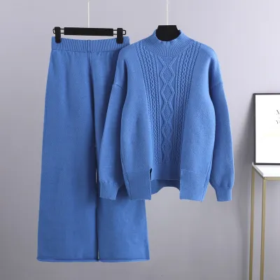 Autumn Winter Women Casual Solid Color Knitted Turtleneck Sweater Wide-Leg Pants Two-Piece Set