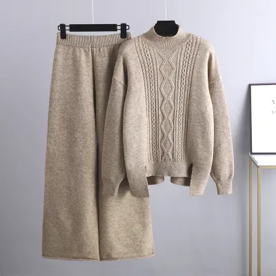 Autumn Winter Women Casual Solid Color Knitted Turtleneck Sweater Wide-Leg Pants Two-Piece Set