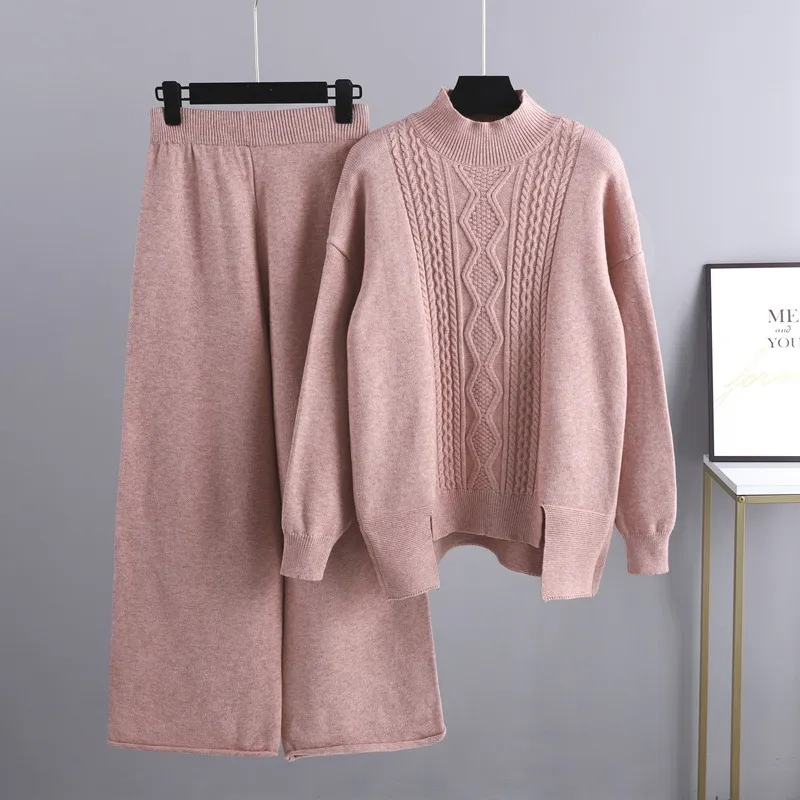 Autumn Winter Women Casual Solid Color Knitted Turtleneck Sweater Wide-Leg Pants Two-Piece Set