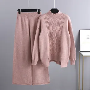 Autumn Winter Women Casual Solid Color Knitted Turtleneck Sweater Wide-Leg Pants Two-Piece Set