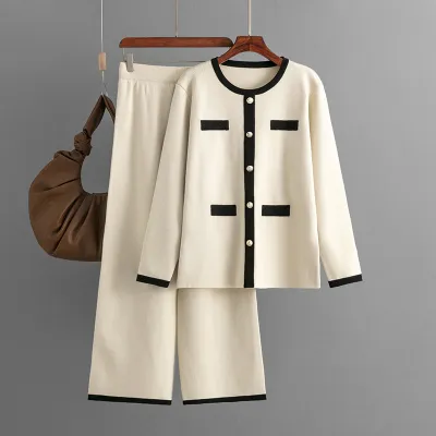 Autumn Winter Women Fashion Button Knitted Top Set