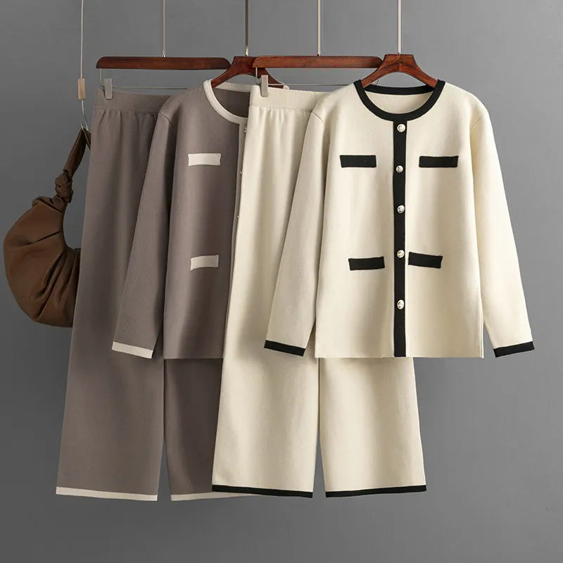 Autumn Winter Women Fashion Button Knitted Top Set