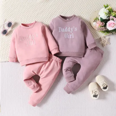 Kids Baby Girls Casual Cute Solid Color Embroidery Letters Long Sleeve Round Neck Sweatshirts Pants Sets