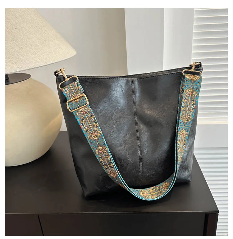 Women Fashion Solid Color Ethnic Wide Strap Large Capacity PU Shoulder Bag Tote