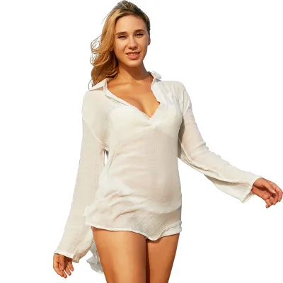 Women Fashion Vacation Beach Long Sleeve Bikini Cover-Ups