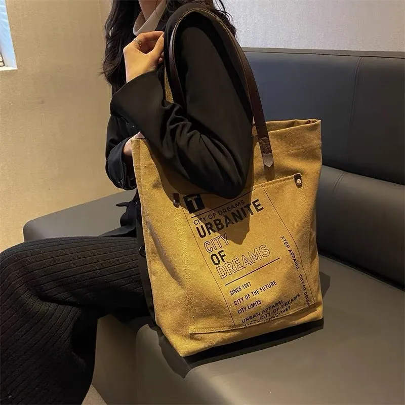 Vintage Letter-Print Canvas Tote Bag Large Capacity Shoulder Bag