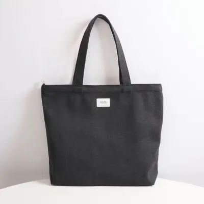 Simple Large Capacity Canvas Tote Bag with Zipper Vintage Printing