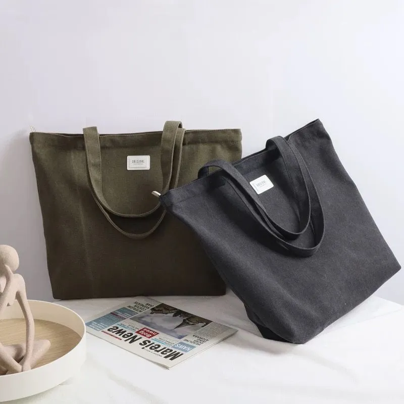 Simple Large Capacity Canvas Tote Bag with Zipper Vintage Printing