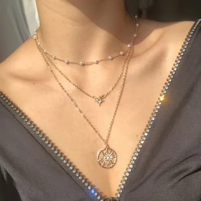 Women Creative Simple Retro Pearl Sun Pendant Multi-Layer Necklace