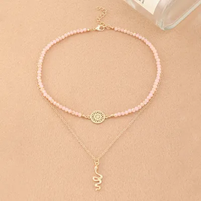 Women Fashion Simple Metal Chain Snake Pendant Stone Beaded Multi-Layer Necklace