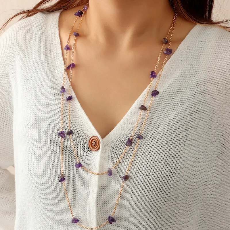 Women Fashion Simple Metal Chain Snake Pendant Stone Beaded Multi-Layer Necklace