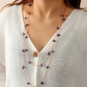 Women Fashion Simple Metal Chain Snake Pendant Stone Beaded Multi-Layer Necklace