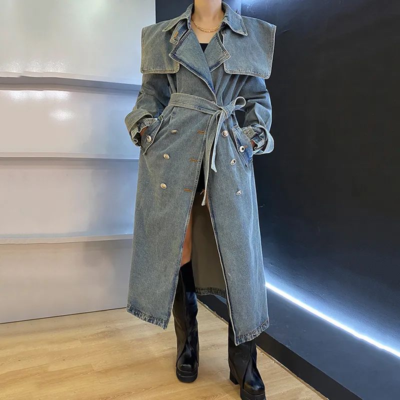 Women's Long Denim Jacket - Street Hipster Style, Loose Fit, Lapel Collar