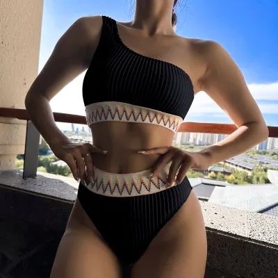 Women Sexy One-Shoulder Jacquard Knit Tankini Swimwear Set