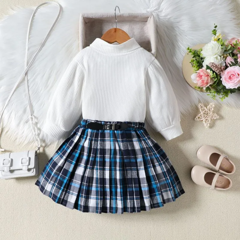 Kids Toddler Girls Casual Cute Stripe Long Sleeve Knitwear Sweater Plaid Short Skirt Set