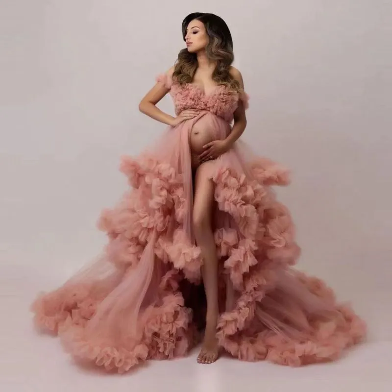 Summer Maternity Sleeveless Mesh Puff Long Dress