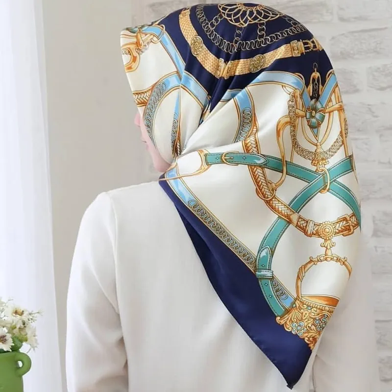 Fashion Jewelry and Accessories Floral and Chain Print Twill Silk Scarf -  Navy - 123Stitch