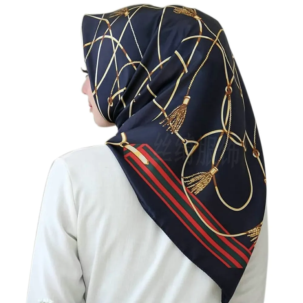 Fashion Jewelry and Accessories Floral and Chain Print Twill Silk Scarf -  Navy - 123Stitch