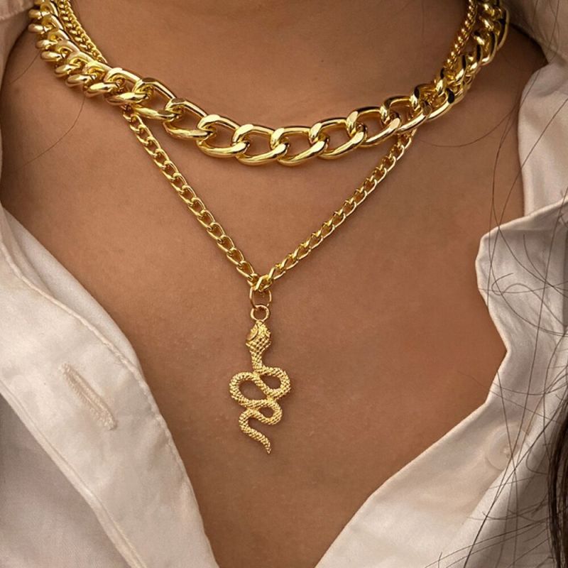 Wholesale Women Fashion Punk Snake Pendant Double Layer Necklace