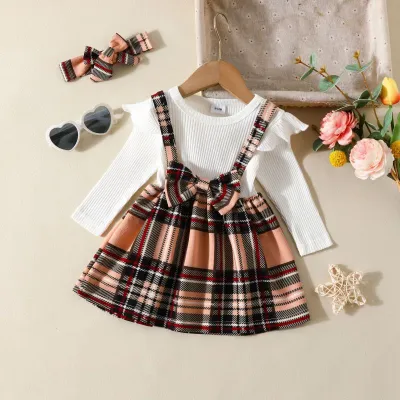 Kids Baby Toddler Girls Casual Cute Stripe Long Sleeve Round Neck Bow Plaid Dress