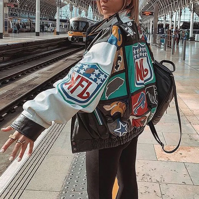 Women Colorblock Letter Print Baseball Jacket with Long Sleeves
