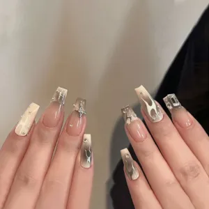 Women Fashion Flame Rhinestone Wearable Fake Nails
