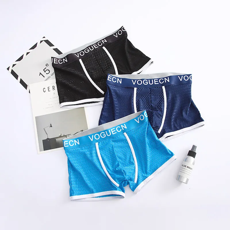 Men Fashion Casual Mesh Ice Silk Mid Waist Boxer Pants with Letter Print