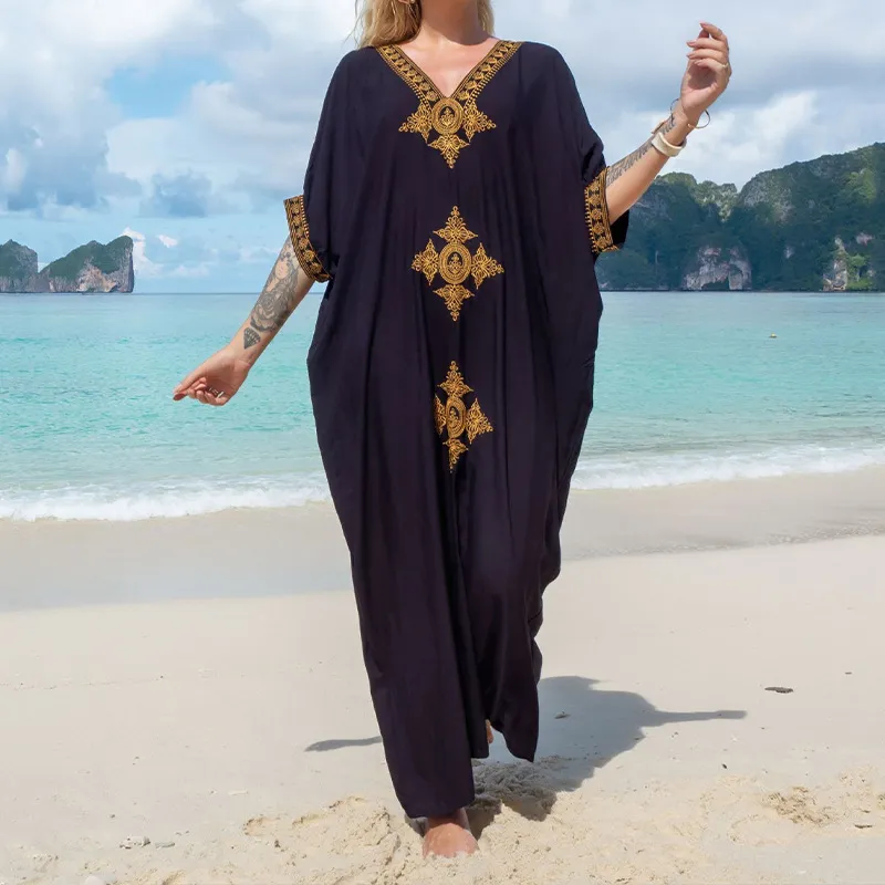Women Casual Fashion Vacation Beach V-Neck Gold Embroidered Rayon Swimwear Cover-Ups