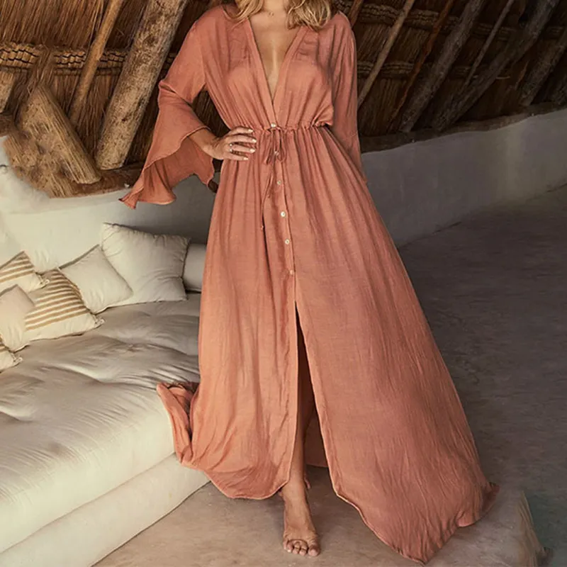 Women Casual Loose V-Neck Long Sleeve Swimsuit Cover-Up