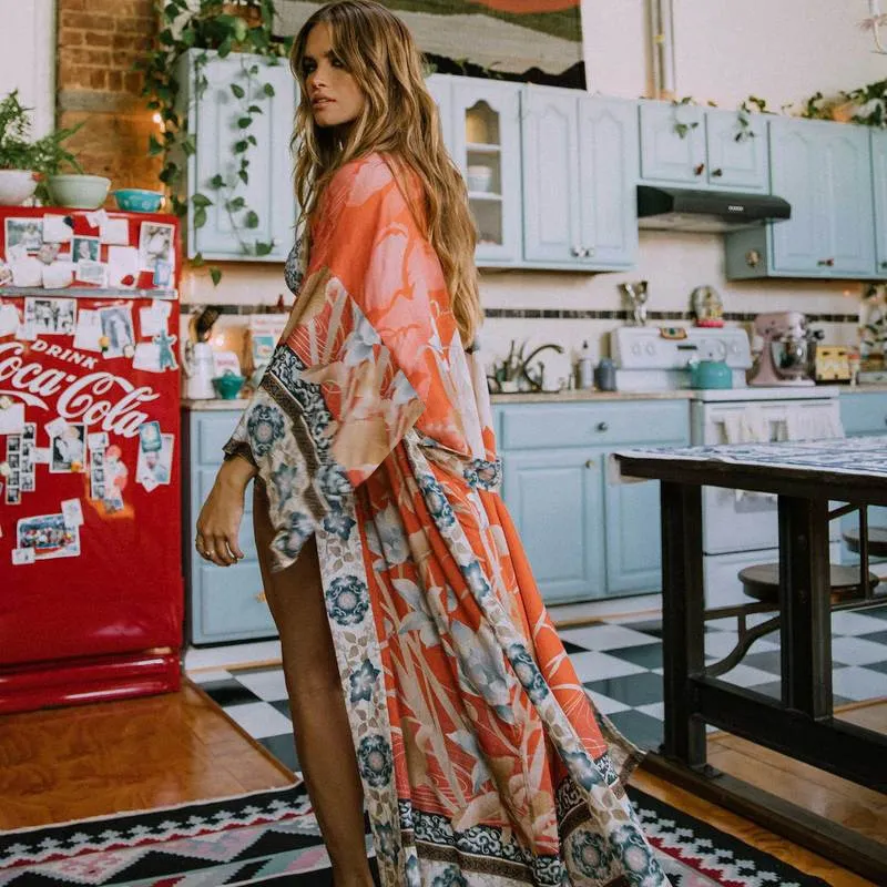Women Loose Vacation Beach Floral Printed Long Sleeve Swimwear Cover-Ups