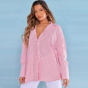 Women Fashion Office Simple Stripe Shirt Long Sleeve Blouse