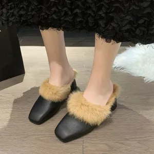 Women Fashion Plush Chunky Heel Cover Toe Mules Shoes