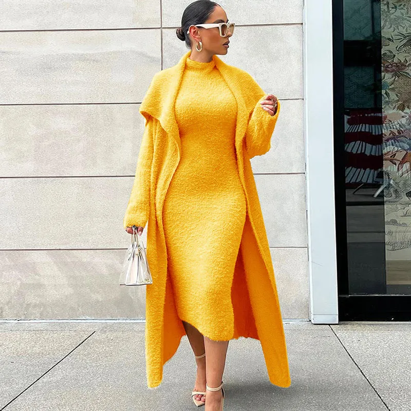 Autumn Winter Women Fashion Solid Color Plush Dress Long Coat Lace-Up Two-Piece Skirt Set