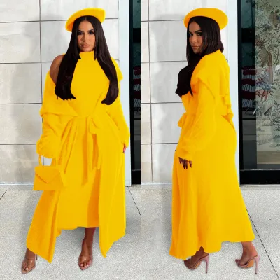 Autumn Winter Women Fashion Solid Color Plush Dress Long Coat Lace-Up Two-Piece Skirt Set