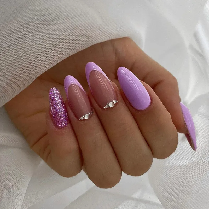 Women Fashion Simple Purple Glitter Rhinestone Wearable Fake Nails