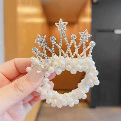Kids Girls Cute Sweet Crown Pearl Rhinestone Hair Rings