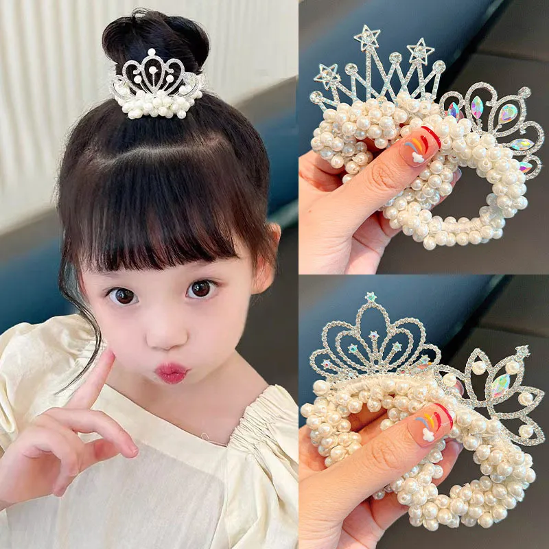 Kids Girls Cute Sweet Crown Pearl Rhinestone Hair Rings