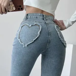 Women Fashionable Heart-Shaped Rag Pocket High Waist Slim Straight Jeans