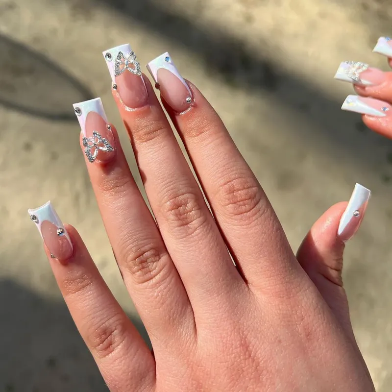 Women Fashion White Edge Butterfly Rhinestone Wearable Fake Nails Sweet Simple