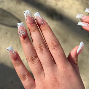 Women Fashion White Edge Butterfly Rhinestone Wearable Fake Nails Sweet Simple