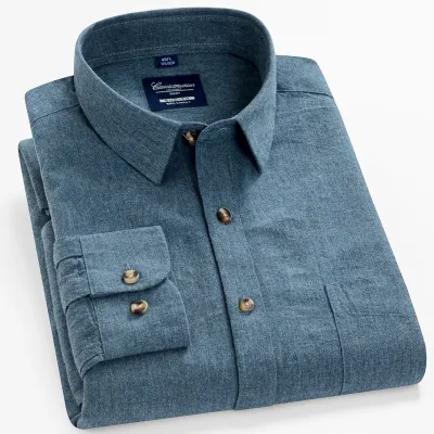 Men Spring Autumn Casual Business Commuter Solid Color Flannel Long Sleeve Lapel Plus Size Shirt