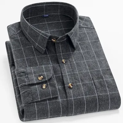 Men Spring Autumn Casual Business Commuter Solid Color Flannel Long Sleeve Lapel Plus Size Shirt