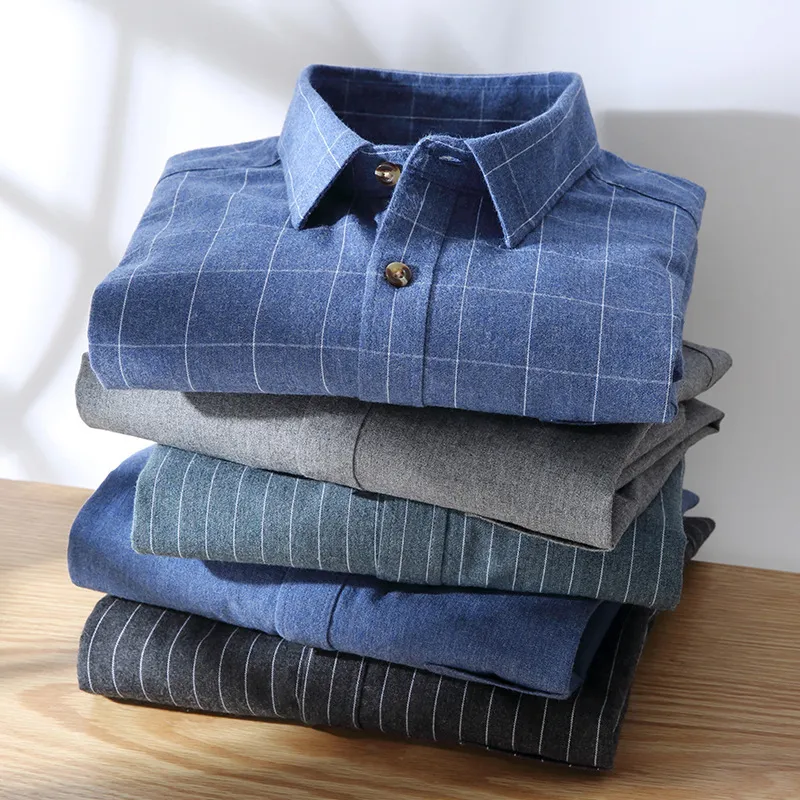 Men Spring Autumn Casual Business Commuter Solid Color Flannel Long Sleeve Lapel Plus Size Shirt