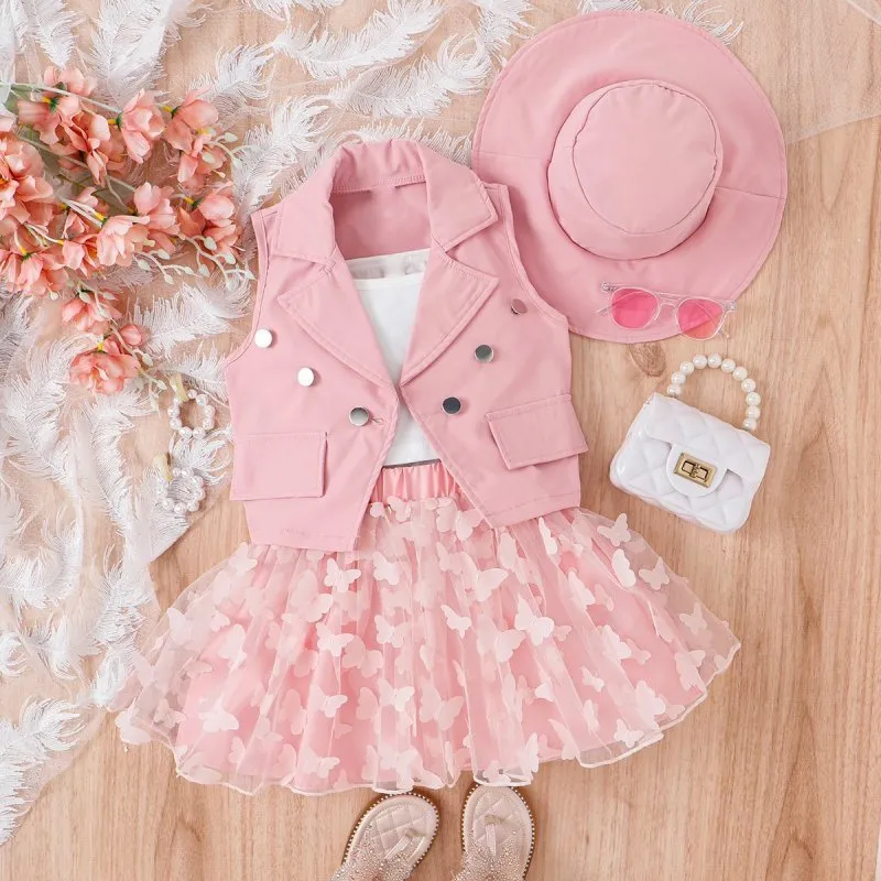 Baby Girls Cotton Casual Skirt Suit Set Sleeveless Butterfly Vest Mesh Waistcoat Top and Skirt