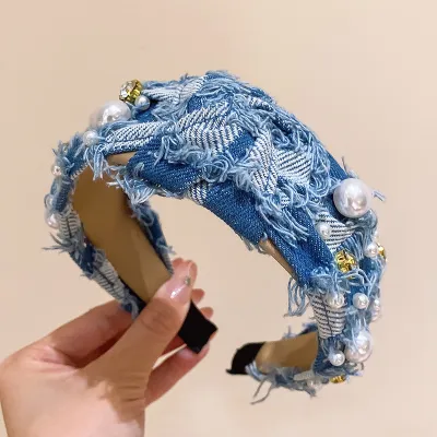 Women's Fashion Creative Wide Brim Denim Pearl Headband