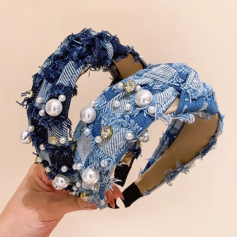 Women's Fashion Creative Wide Brim Denim Pearl Headband