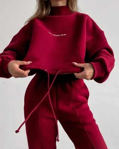 Autumn Winter Women Fashion Solid Color High Collar Long Sleeve Sweater Loose Jogger Pants Set