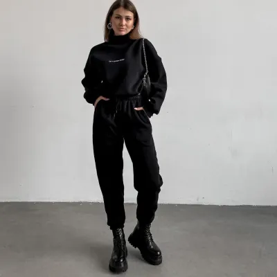 Autumn Winter Women Fashion Solid Color High Collar Long Sleeve Sweater Loose Jogger Pants Set