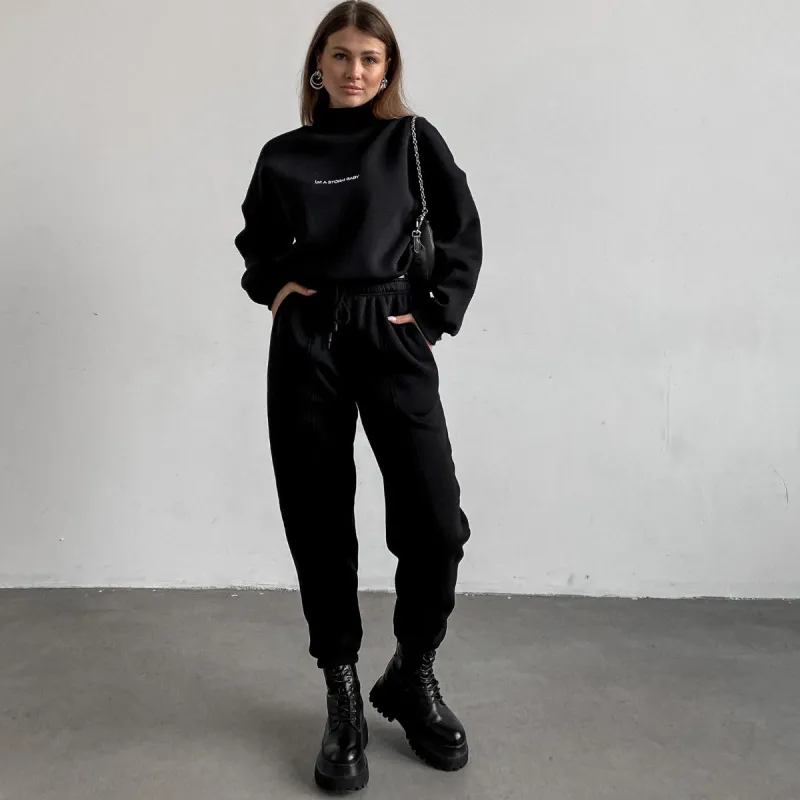 Autumn Winter Women Fashion Solid Color High Collar Long Sleeve Sweater Loose Jogger Pants Set