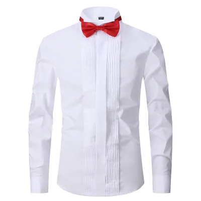 Men Casual Party Wedding Solid Color Stripe Bow Long Sleeve Stand Collar Plus Size Dress Shirts